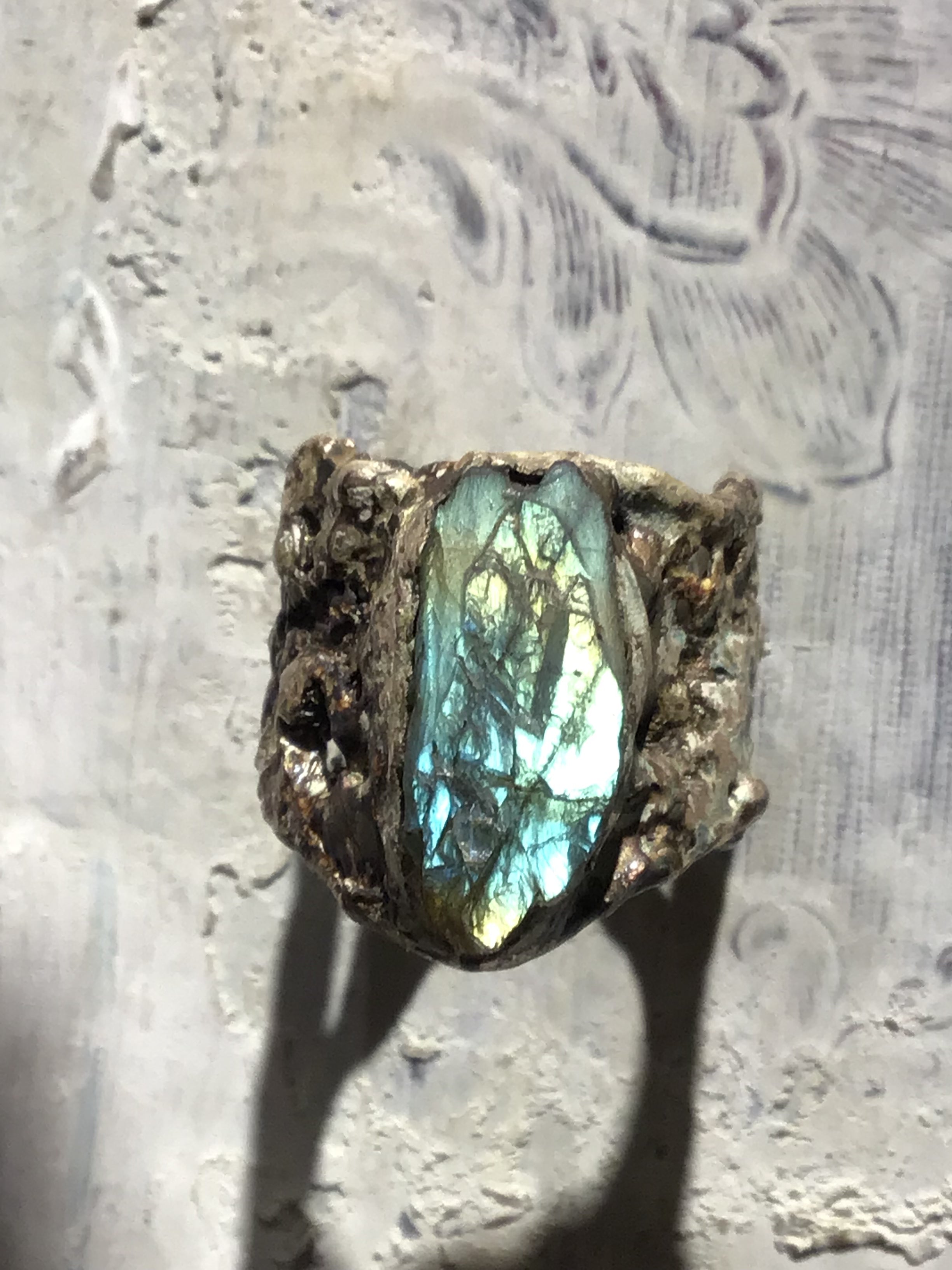 Oxdised Silver Linen Giant Labradorite Ring
